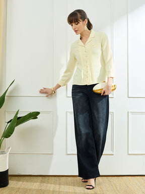 Latin Quarters Women's Yellow 3/4th Sleeves Collar Neck Casual Solid Shirt