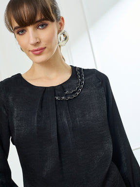 Latin Quarters Women's Black 3/4th Sleeves Round Neck Casual Solid Top