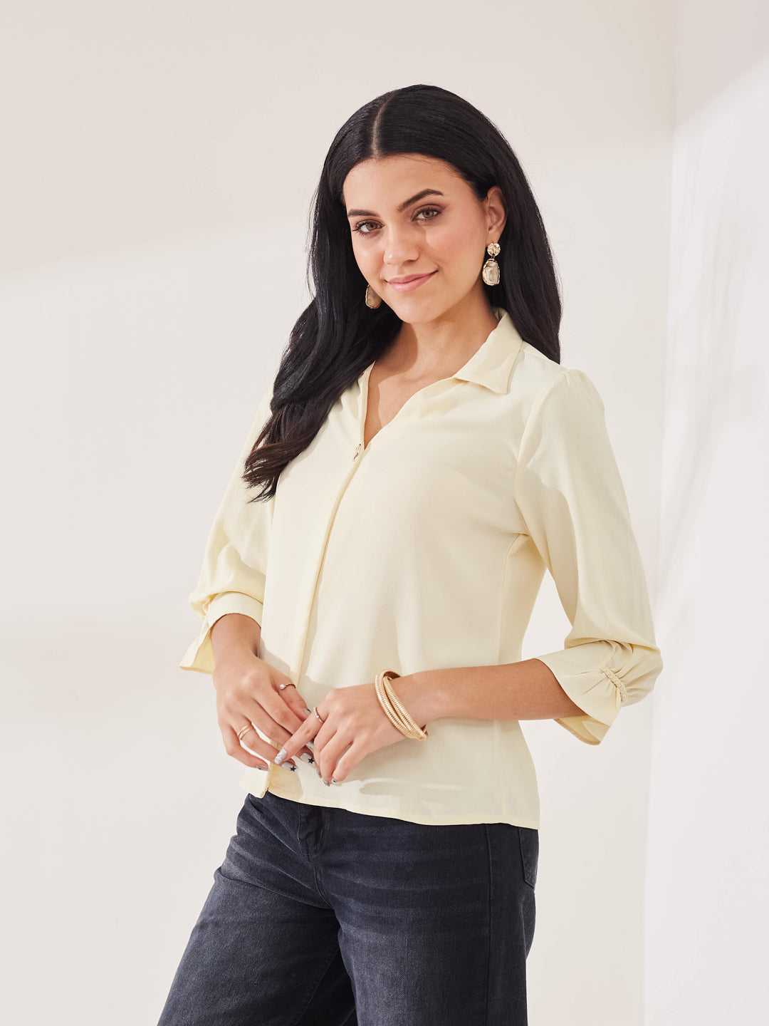 Latin Quarters Women's Yellow Solid 3/4th Sleeve Collar Neck Casual Top