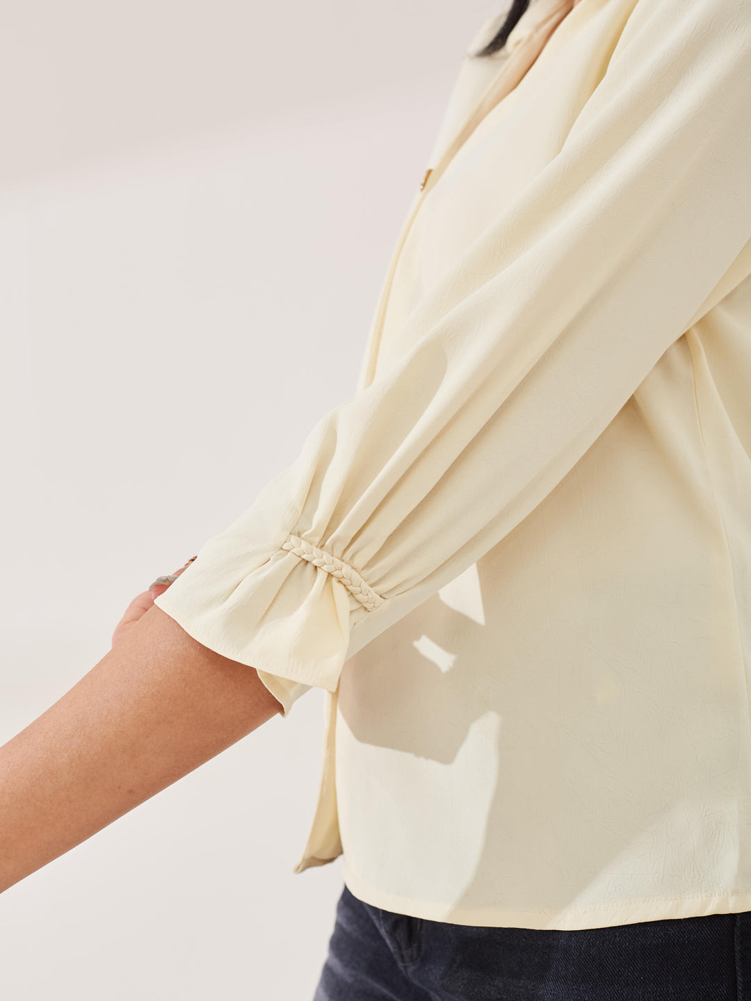 Latin Quarters Women's Yellow Solid 3/4th Sleeve Collar Neck Casual Top