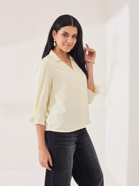 Latin Quarters Women's Yellow Solid 3/4th Sleeve Collar Neck Casual Top
