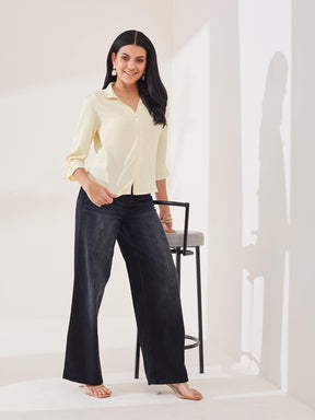 Latin Quarters Women's Yellow Solid 3/4th Sleeve Collar Neck Casual Top