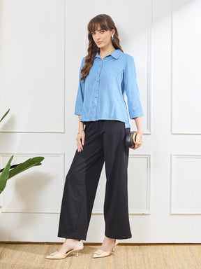 Latin Quarters Women's Blue 3/4th Sleeves Collar Neck Casual Embellished Shirt