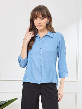 Latin Quarters Women's Blue 3/4th Sleeves Collar Neck Casual Embellished Shirt