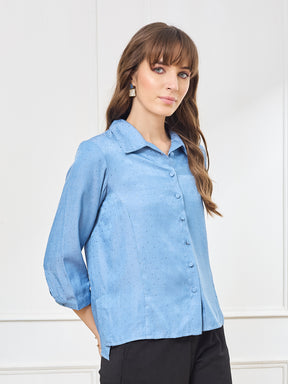 Latin Quarters Women's Blue 3/4th Sleeves Collar Neck Casual Embellished Shirt