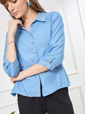 Latin Quarters Women's Blue 3/4th Sleeves Collar Neck Casual Embellished Shirt