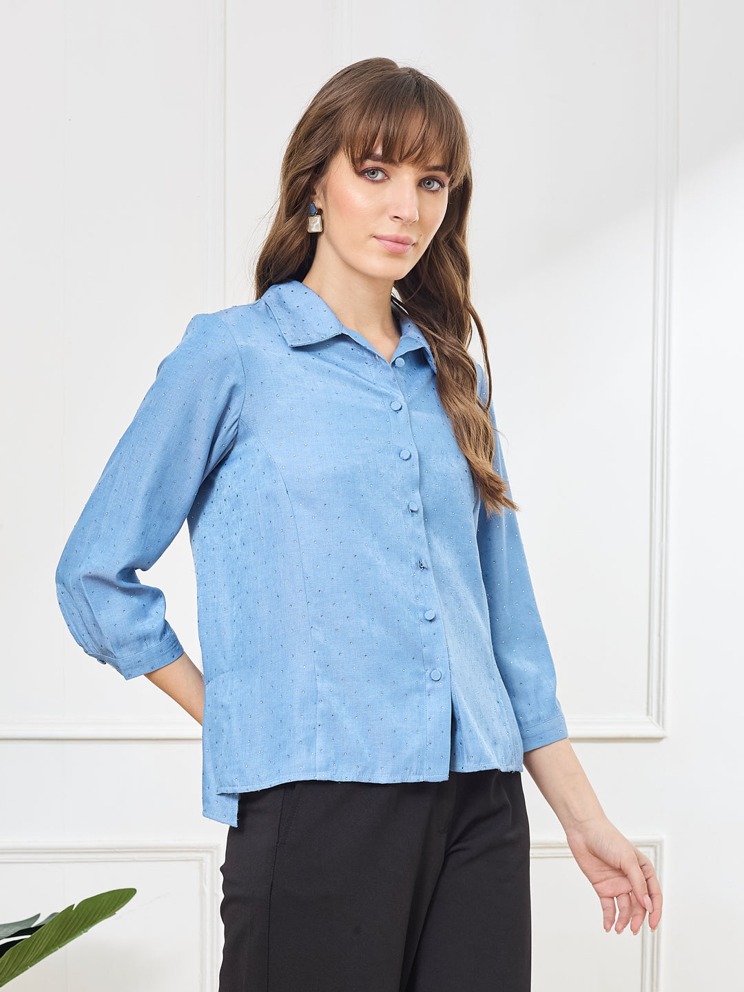Latin Quarters Women's Blue 3/4th Sleeves Collar Neck Casual Embellished Shirt