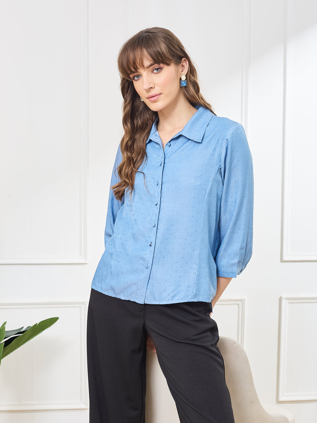 Latin Quarters Women's Blue 3/4th Sleeves Collar Neck Casual Embellished Shirt