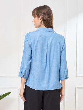 Latin Quarters Women's Blue 3/4th Sleeves Collar Neck Casual Embellished Shirt