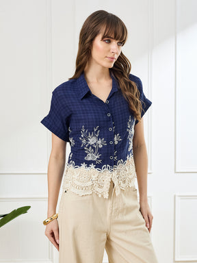 Latin Quarters Women's Blue Cap Sleeves Collar Neck Casual Embroidery Shirt