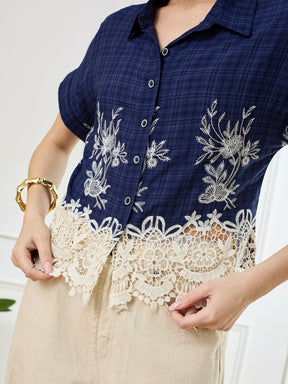 Latin Quarters Women's Blue Cap Sleeves Collar Neck Casual Embroidery Shirt