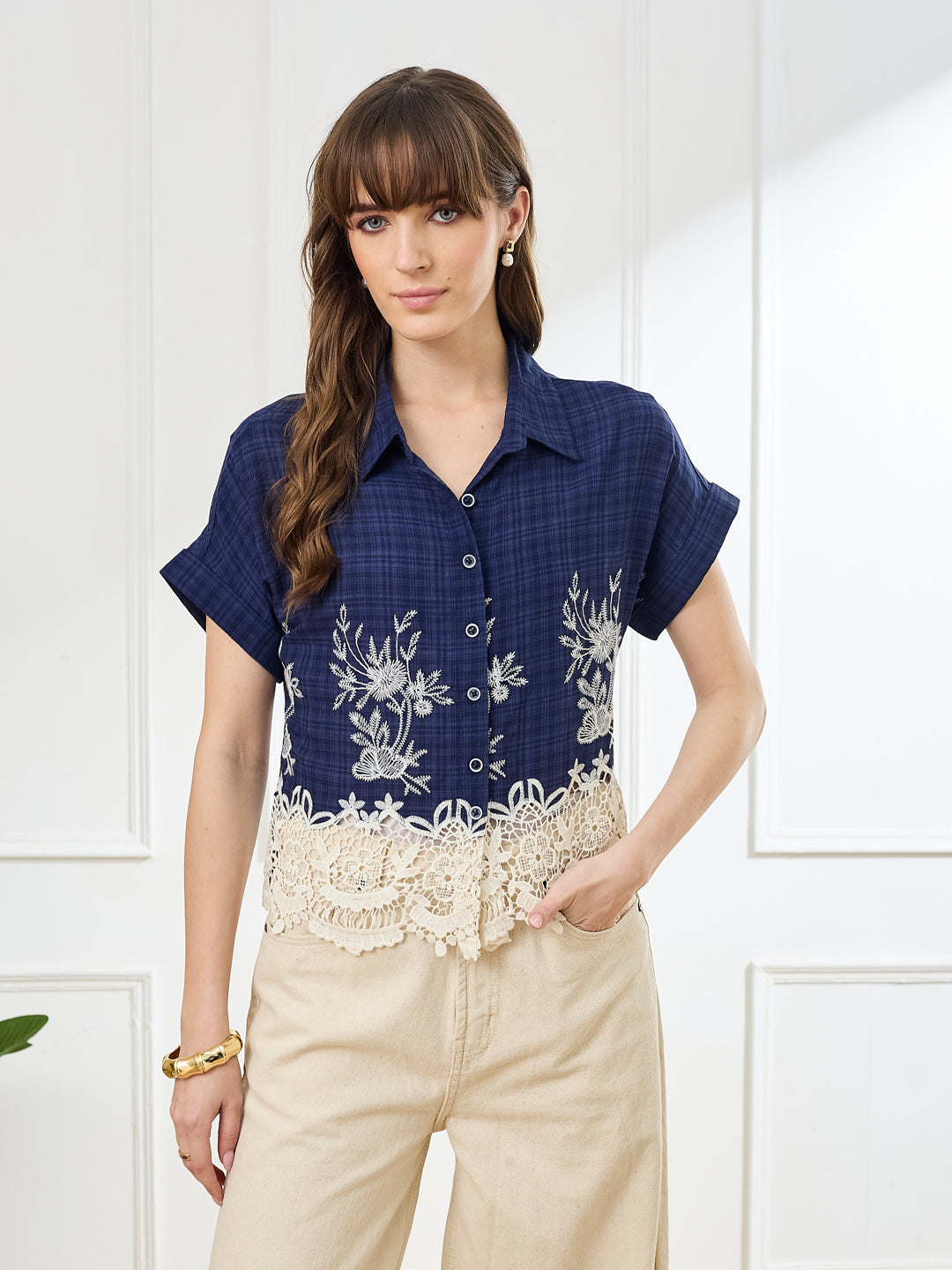Latin Quarters Women's Blue Cap Sleeves Collar Neck Casual Embroidery Shirt