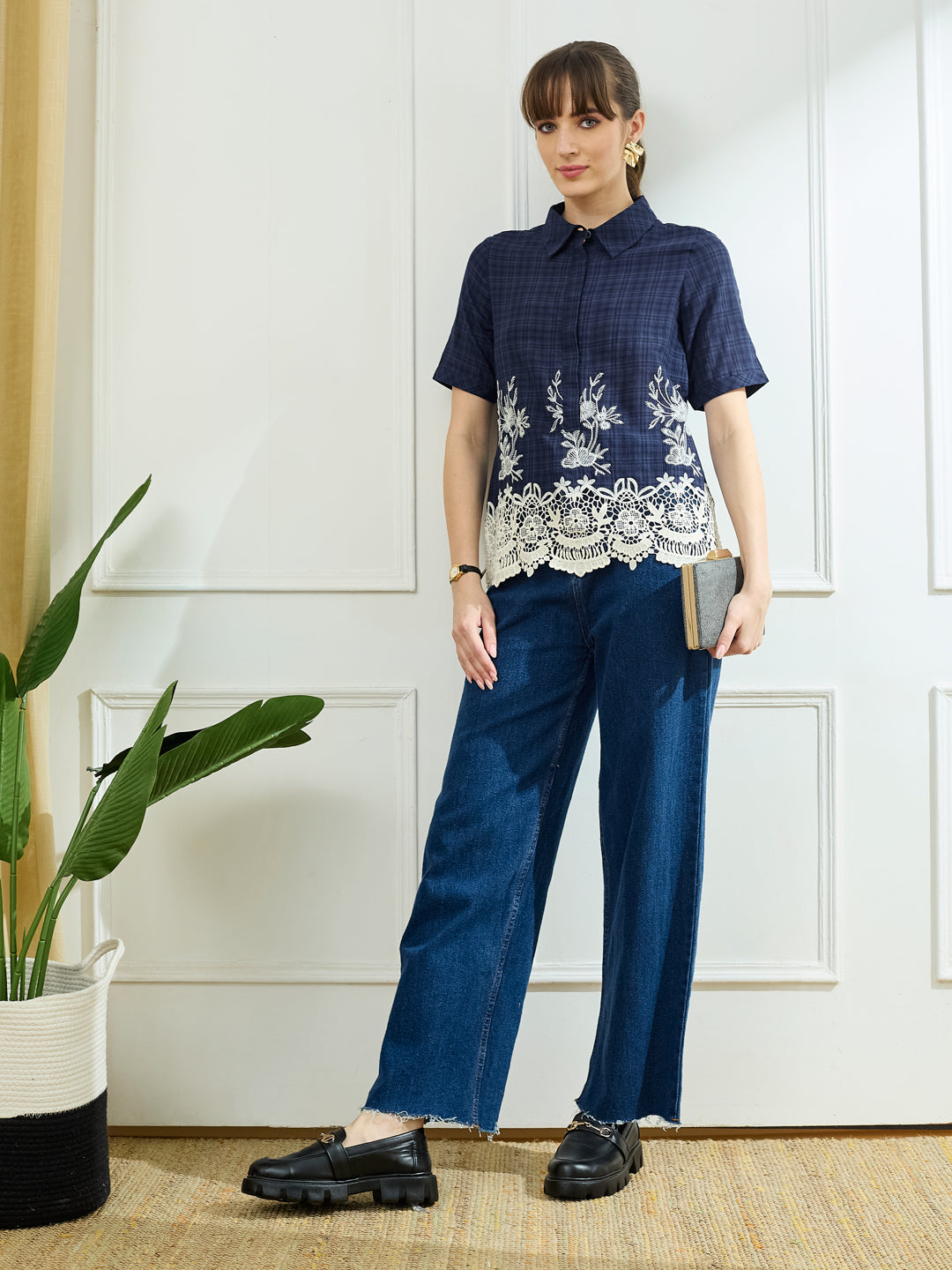 Latin Quarters Women's Blue Half Sleeves Collar Neck Casual Embroidery Top