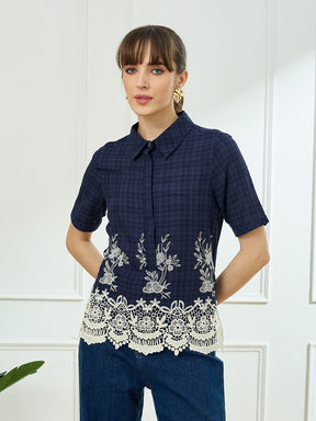 Latin Quarters Women's Blue Half Sleeves Collar Neck Casual Embroidery Top