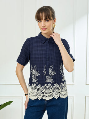 Latin Quarters Women's Blue Half Sleeves Collar Neck Casual Embroidery Top