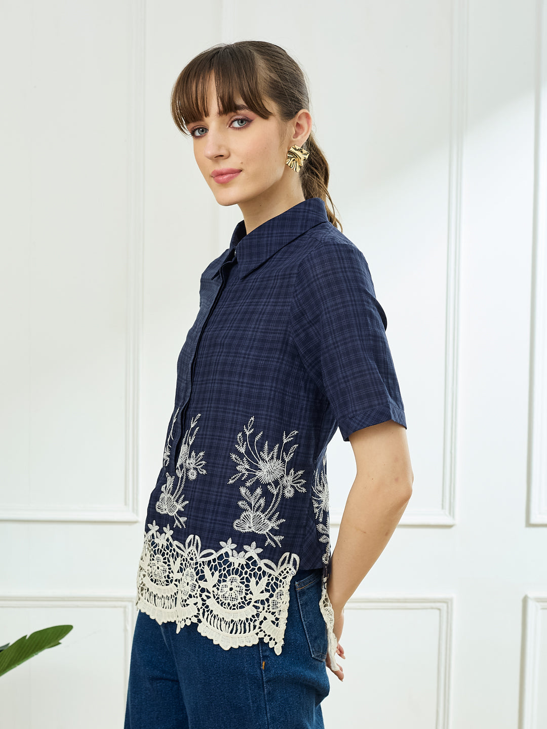 Latin Quarters Women's Blue Half Sleeves Collar Neck Casual Embroidery Top