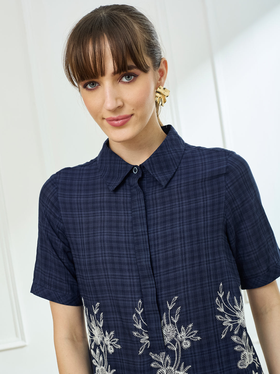 Latin Quarters Women's Blue Half Sleeves Collar Neck Casual Embroidery Top