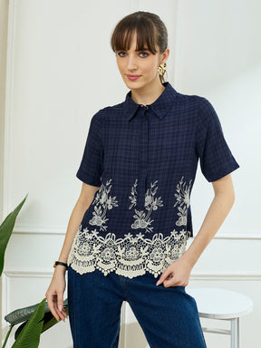 Latin Quarters Women's Blue Half Sleeves Collar Neck Casual Embroidery Top