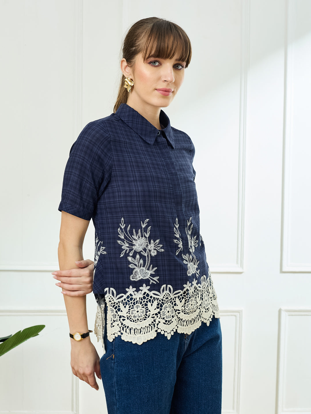 Latin Quarters Women's Blue Half Sleeves Collar Neck Casual Embroidery Top