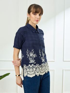 Latin Quarters Women's Blue Half Sleeves Collar Neck Casual Embroidery Top
