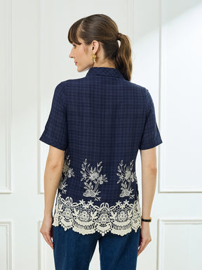 Latin Quarters Women's Blue Half Sleeves Collar Neck Casual Embroidery Top