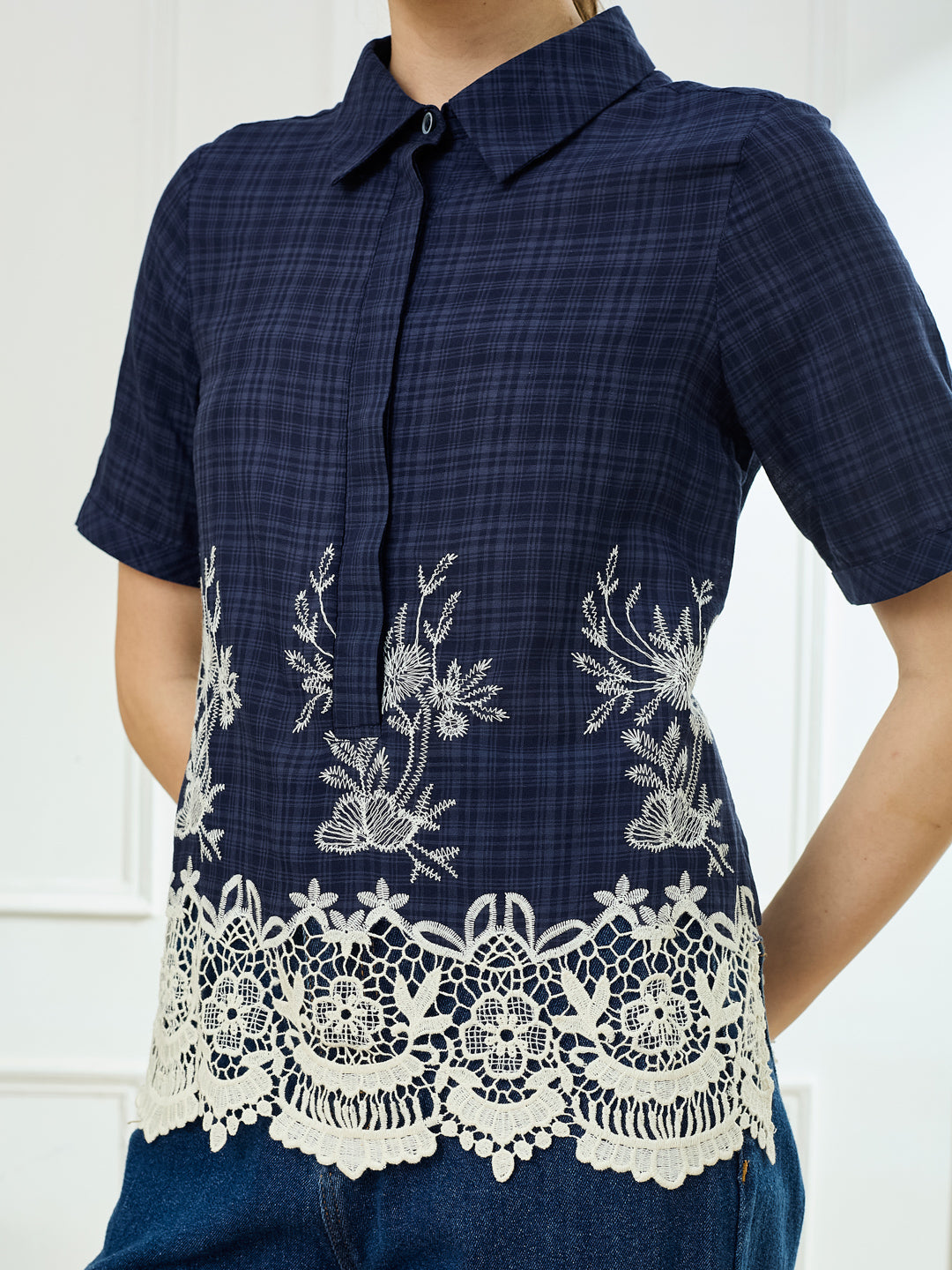 Latin Quarters Women's Blue Half Sleeves Collar Neck Casual Embroidery Top