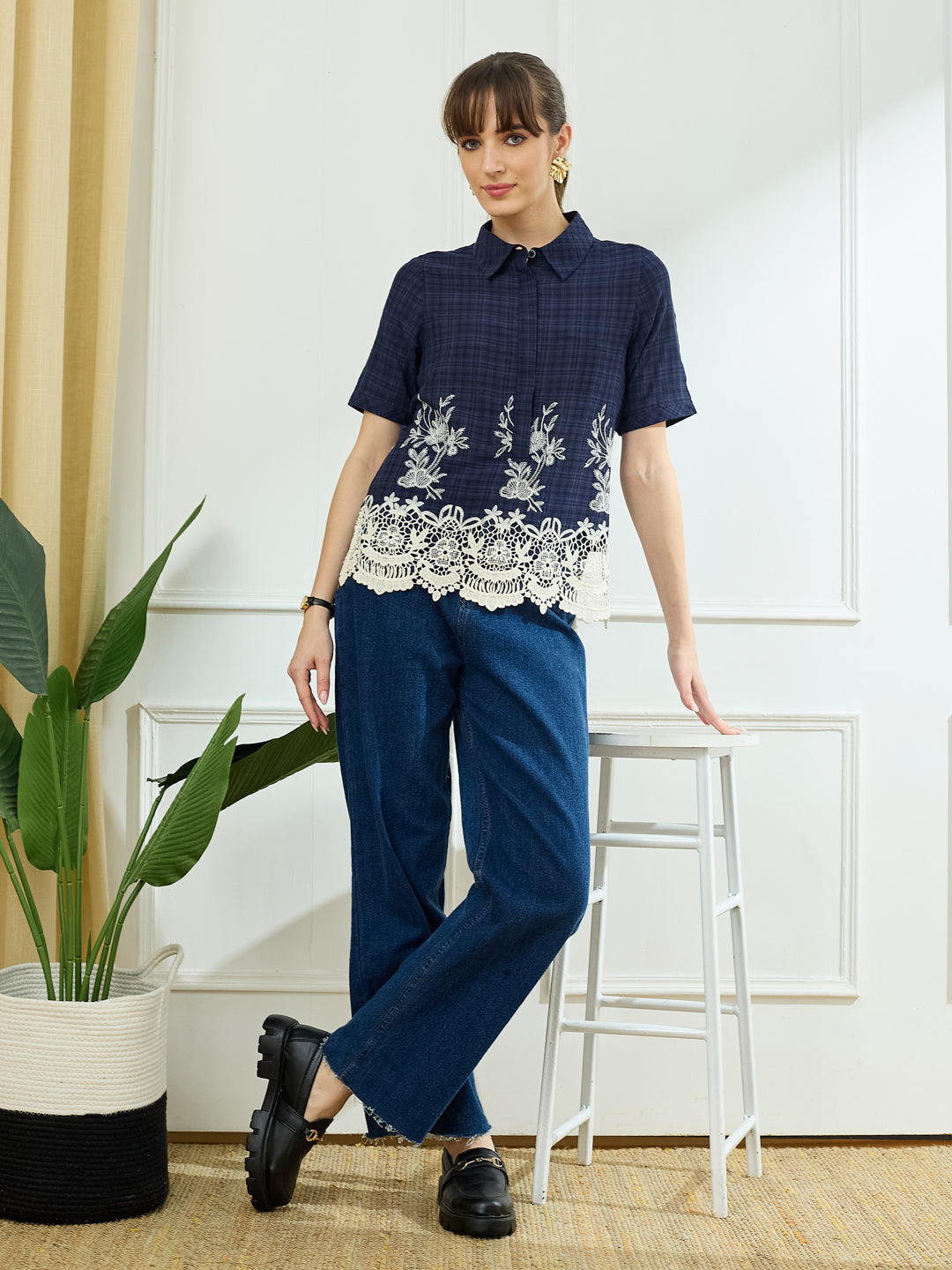 Latin Quarters Women's Blue Half Sleeves Collar Neck Casual Embroidery Top