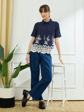 Latin Quarters Women's Blue Half Sleeves Collar Neck Casual Embroidery Top