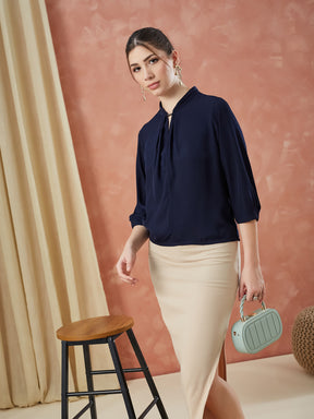 Latin Quarters Women's Navy Blue 3/4Th Sleeves Solid Mandarin Neck Casual Top