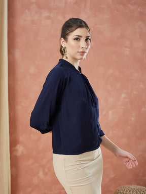 Latin Quarters Women's Navy Blue 3/4Th Sleeves Solid Mandarin Neck Casual Top