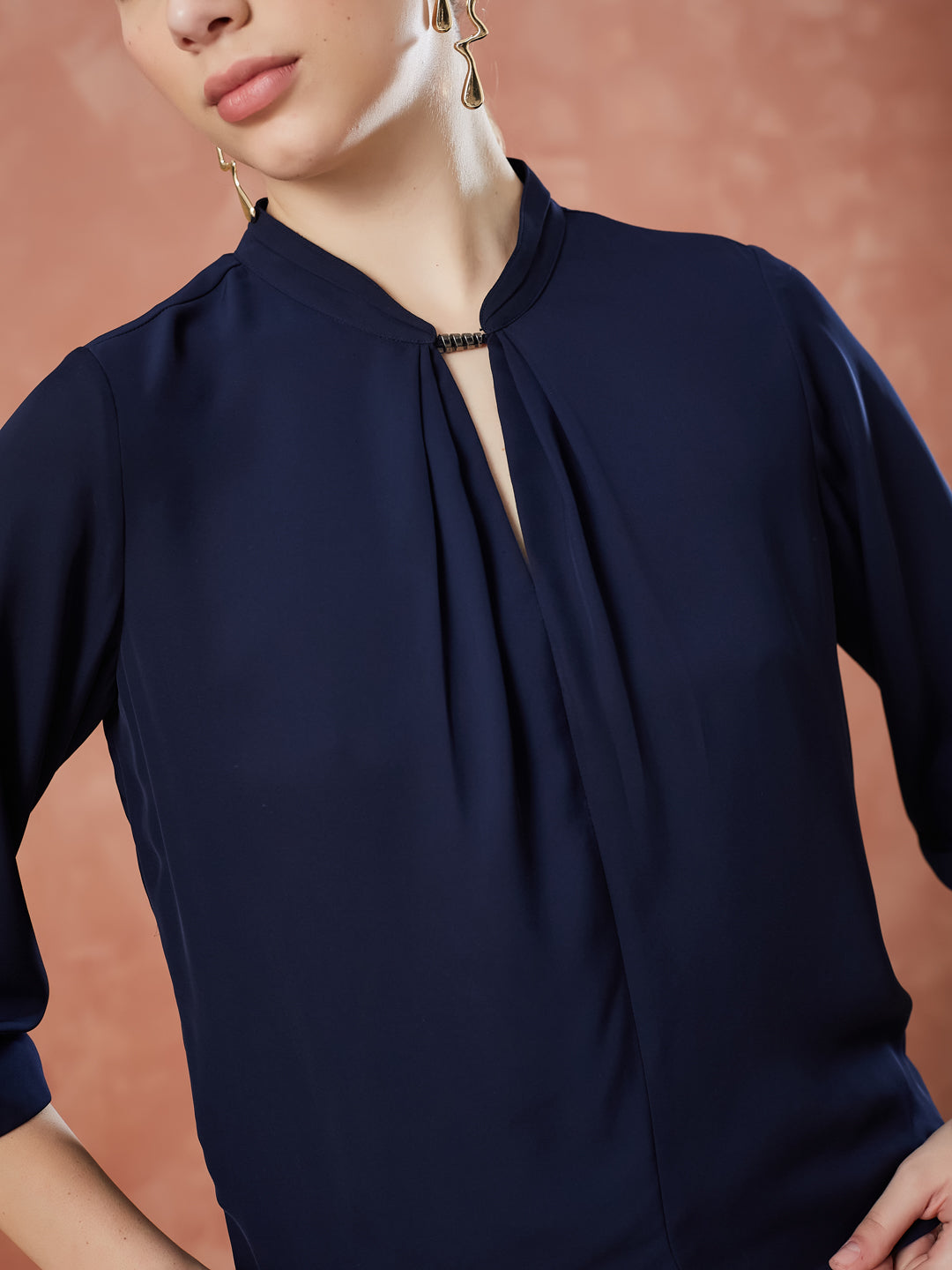 Latin Quarters Women's Navy Blue 3/4Th Sleeves Solid Mandarin Neck Casual Top