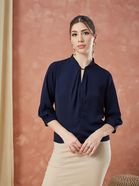 Latin Quarters Women's Navy Blue 3/4Th Sleeves Solid Mandarin Neck Casual Top