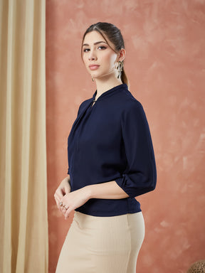 Latin Quarters Women's Navy Blue 3/4Th Sleeves Solid Mandarin Neck Casual Top