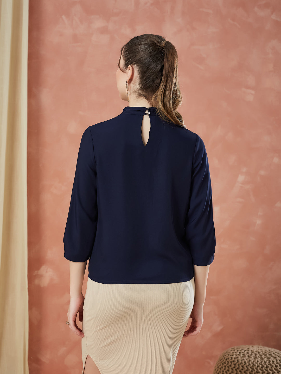 Latin Quarters Women's Navy Blue 3/4Th Sleeves Solid Mandarin Neck Casual Top