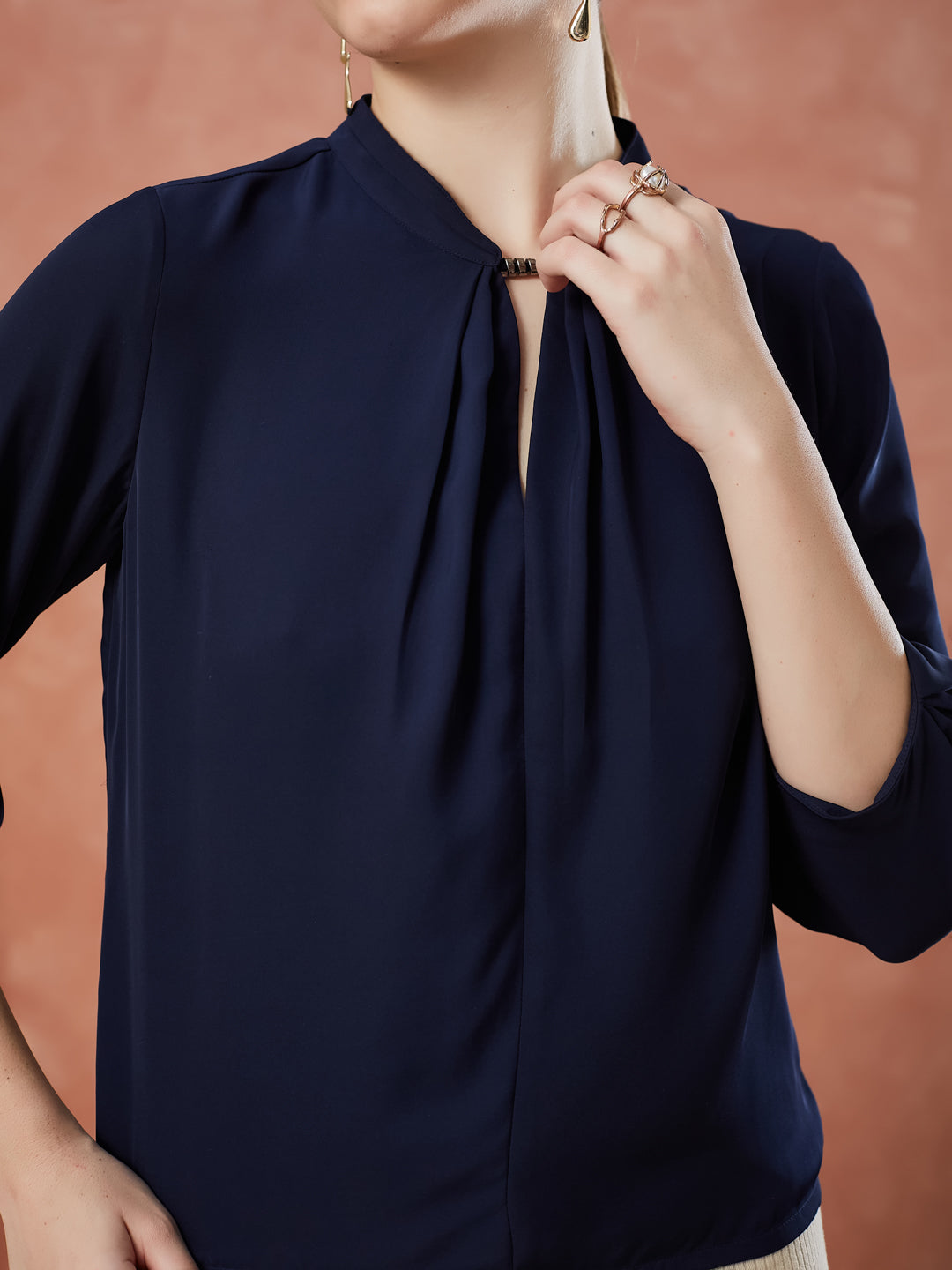 Latin Quarters Women's Navy Blue 3/4Th Sleeves Solid Mandarin Neck Casual Top