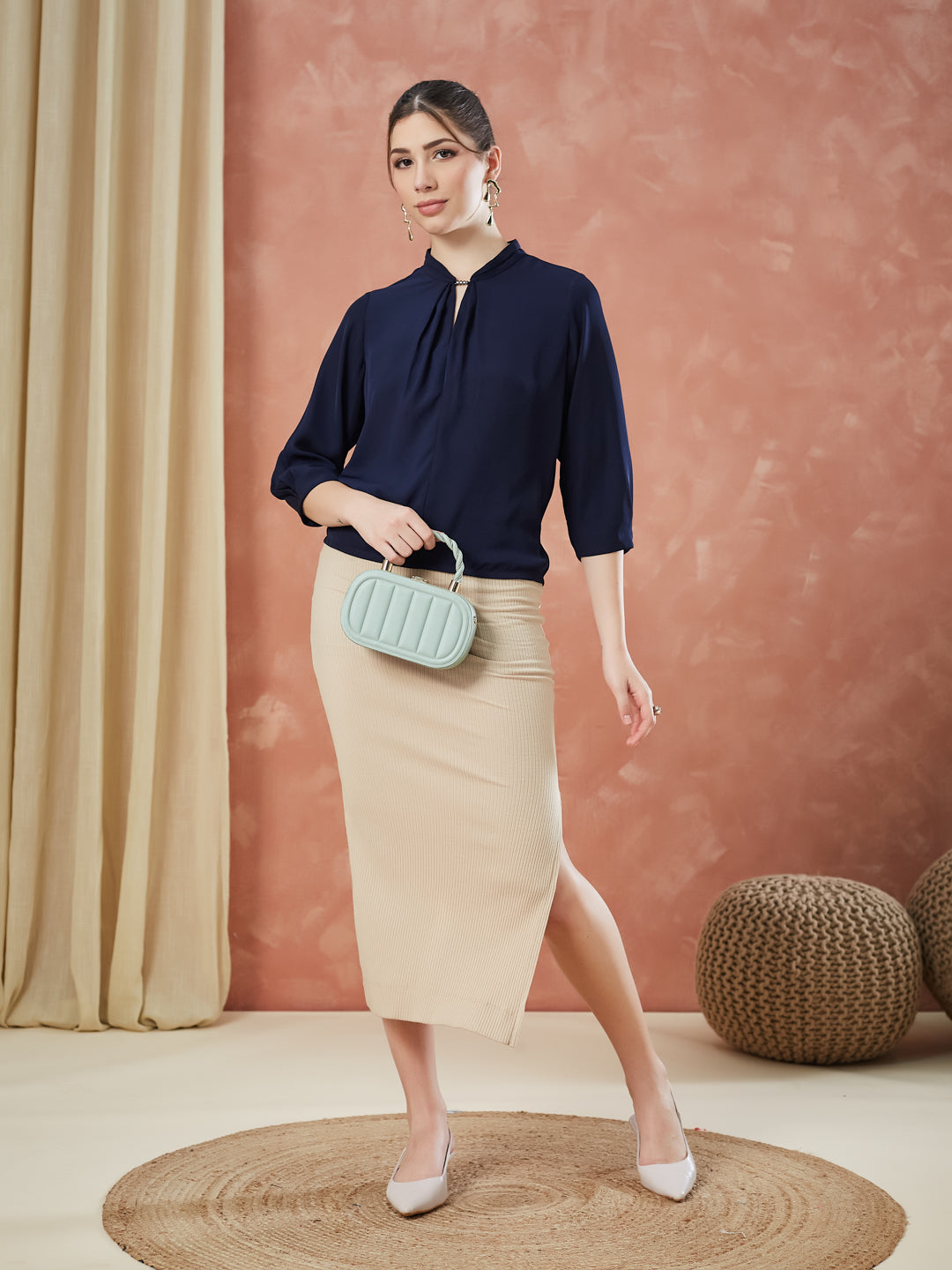 Latin Quarters Women's Navy Blue 3/4Th Sleeves Solid Mandarin Neck Casual Top