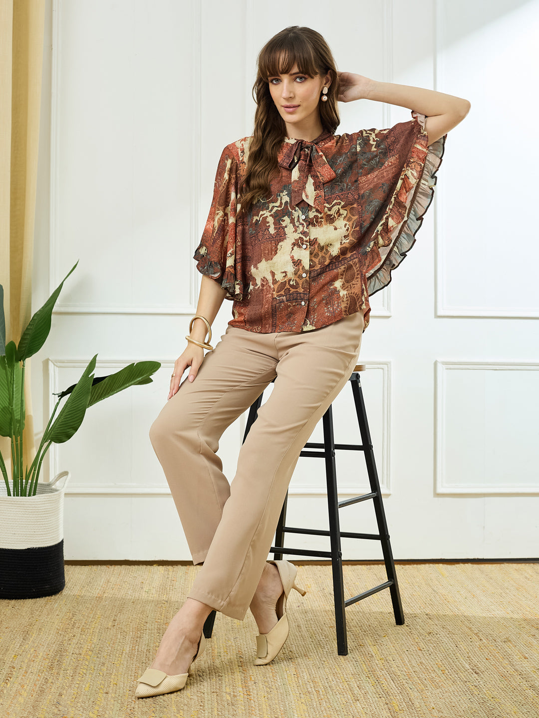 Latin Quarters Women's Rust Half Sleeves Tie Neck Casual Printed Top