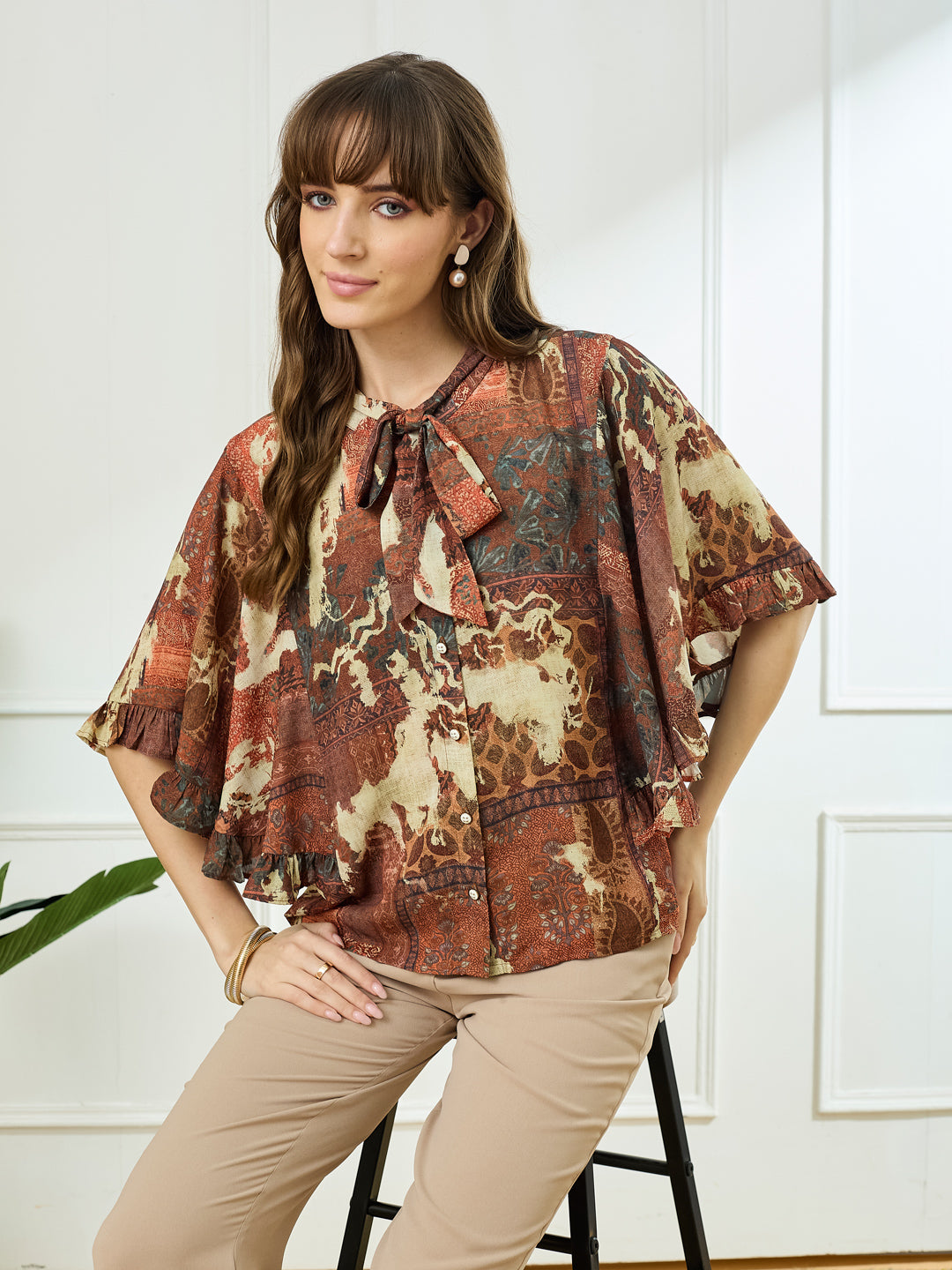 Latin Quarters Women's Rust Half Sleeves Tie Neck Casual Printed Top