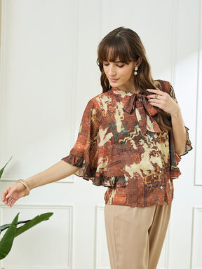 Latin Quarters Women's Rust Half Sleeves Tie Neck Casual Printed Top
