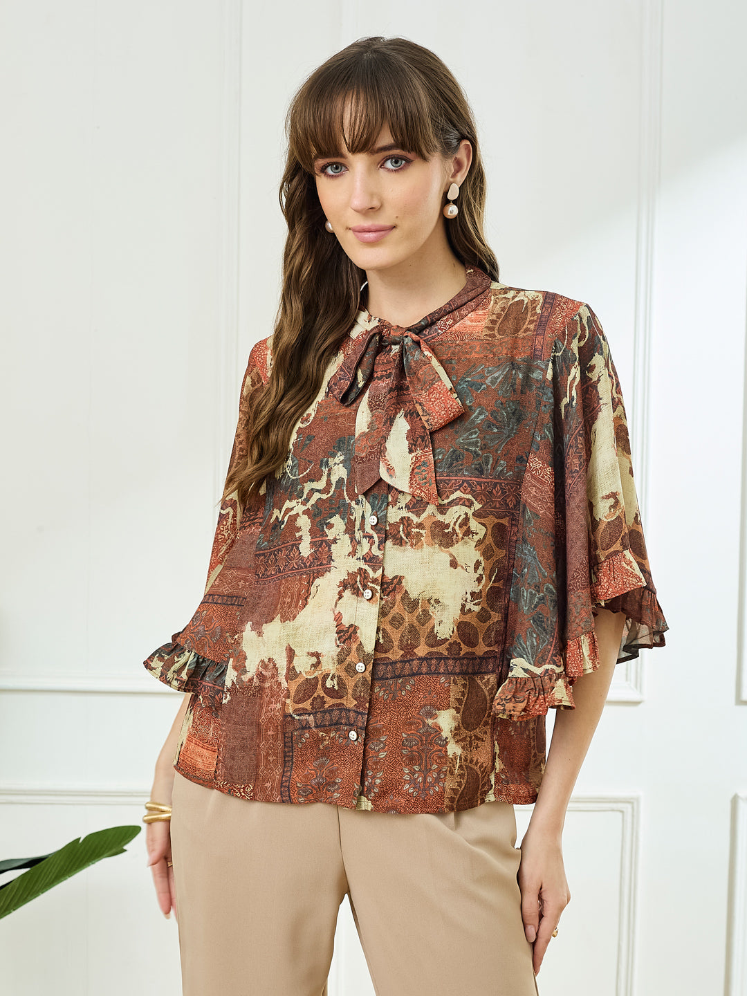 Latin Quarters Women's Rust Half Sleeves Tie Neck Casual Printed Top