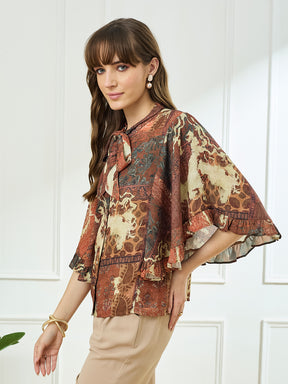 Latin Quarters Women's Rust Half Sleeves Tie Neck Casual Printed Top