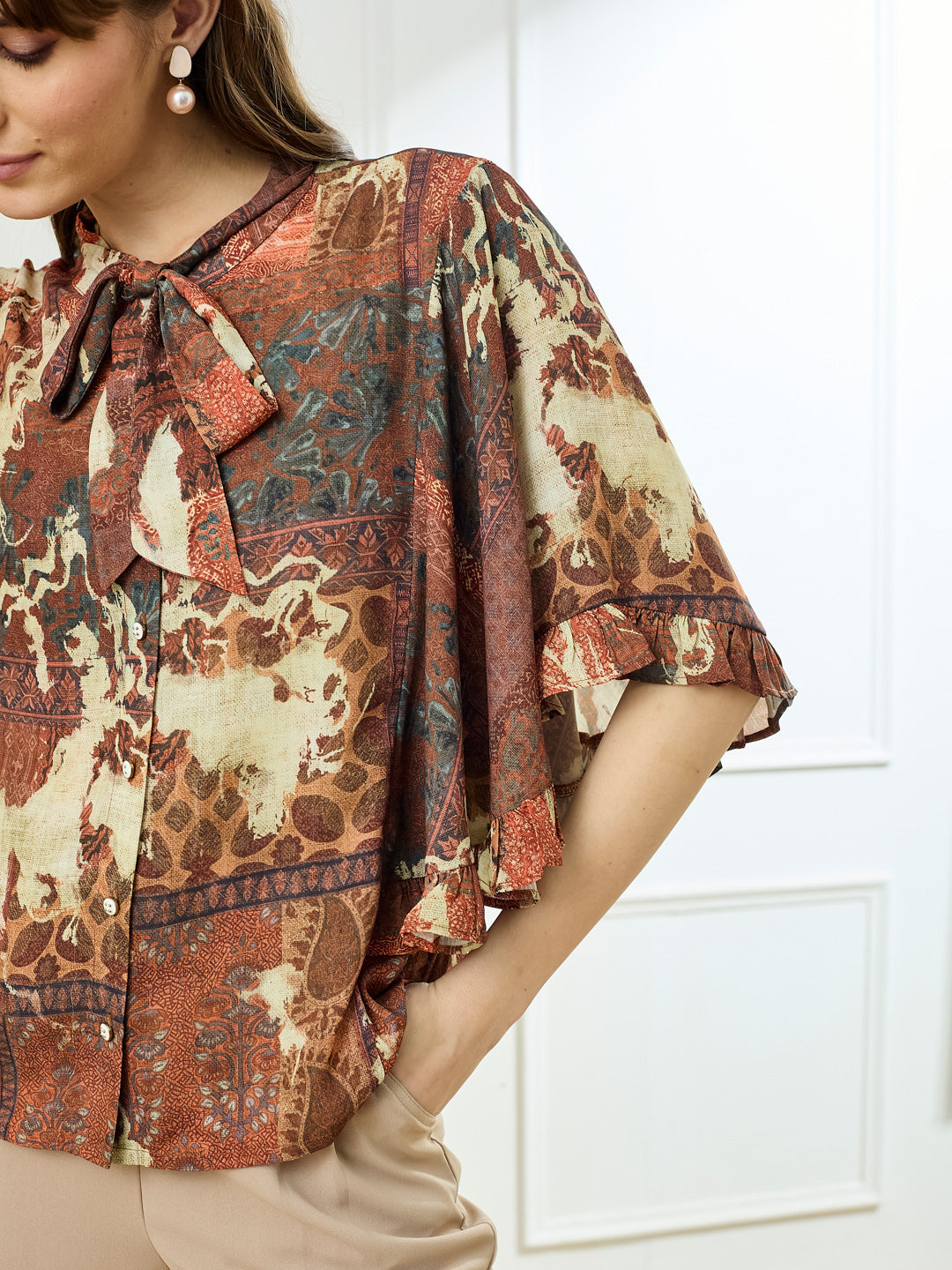 Latin Quarters Women's Rust Half Sleeves Tie Neck Casual Printed Top