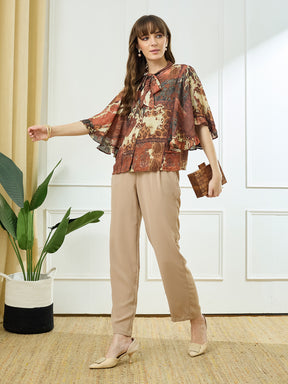 Latin Quarters Women's Rust Half Sleeves Tie Neck Casual Printed Top