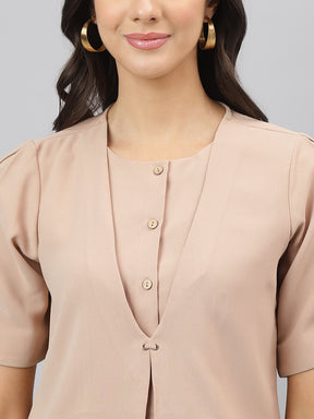 Latin Quarters Women's Beige Half Sleeves Round Neck Casual Solid Top