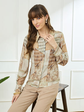 Latin Quarters Women's Beige Full Sleeves Collar Neck Casual Printed Shirt