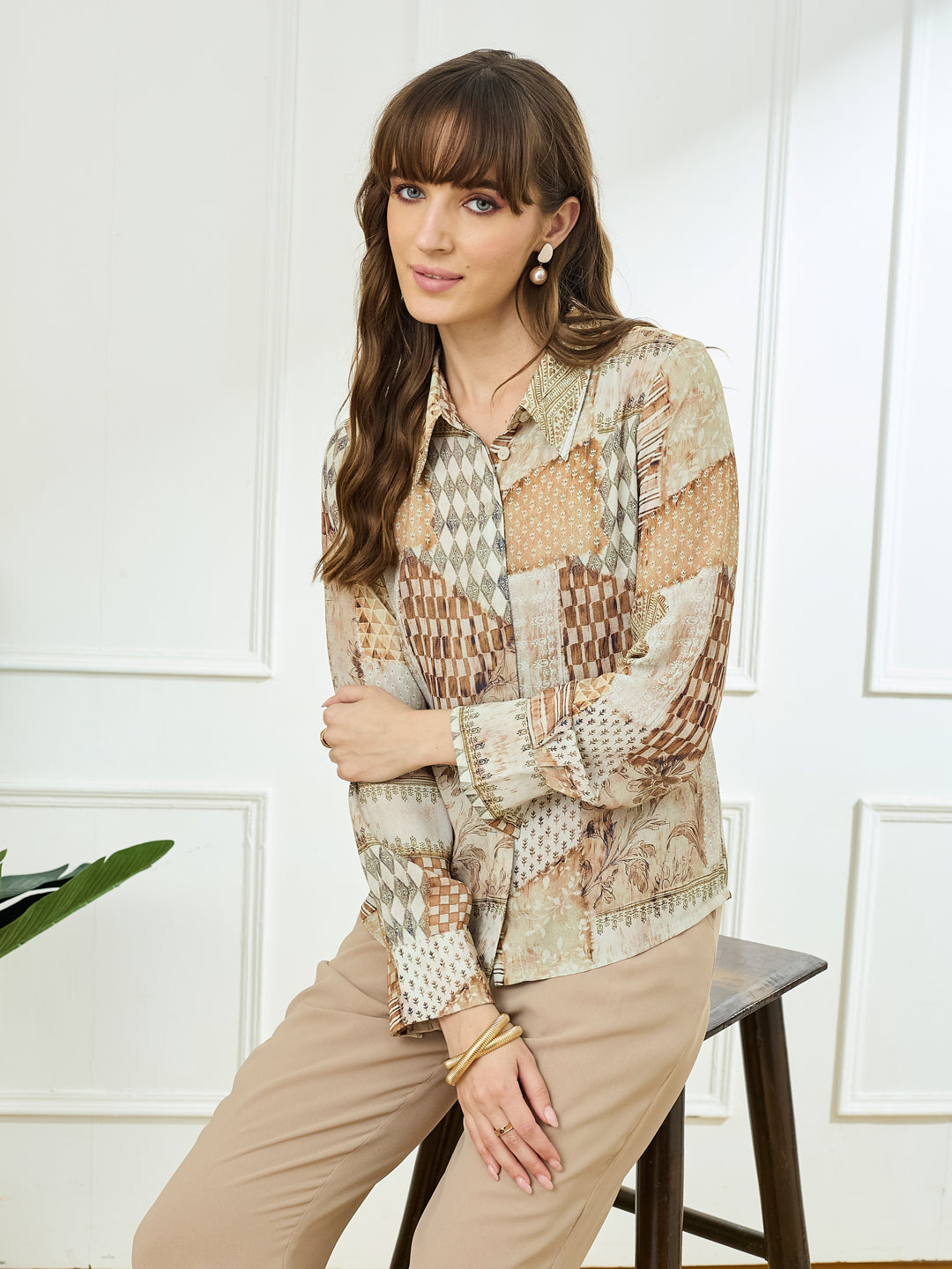 Latin Quarters Women's Beige Full Sleeves Collar Neck Casual Printed Shirt