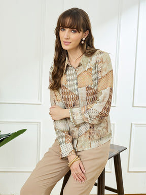 Latin Quarters Women's Beige Full Sleeves Collar Neck Casual Printed Shirt