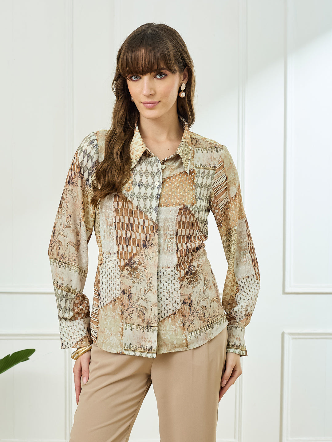 Latin Quarters Women's Beige Full Sleeves Collar Neck Casual Printed Shirt