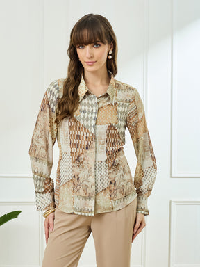 Latin Quarters Women's Beige Full Sleeves Collar Neck Casual Printed Shirt