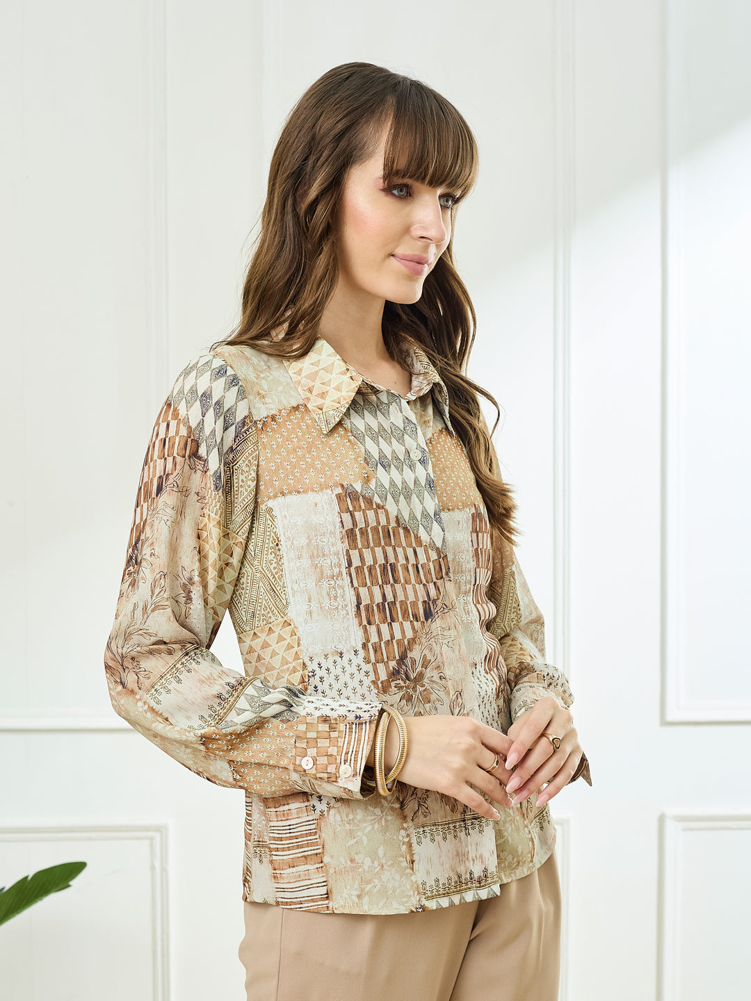 Latin Quarters Women's Beige Full Sleeves Collar Neck Casual Printed Shirt